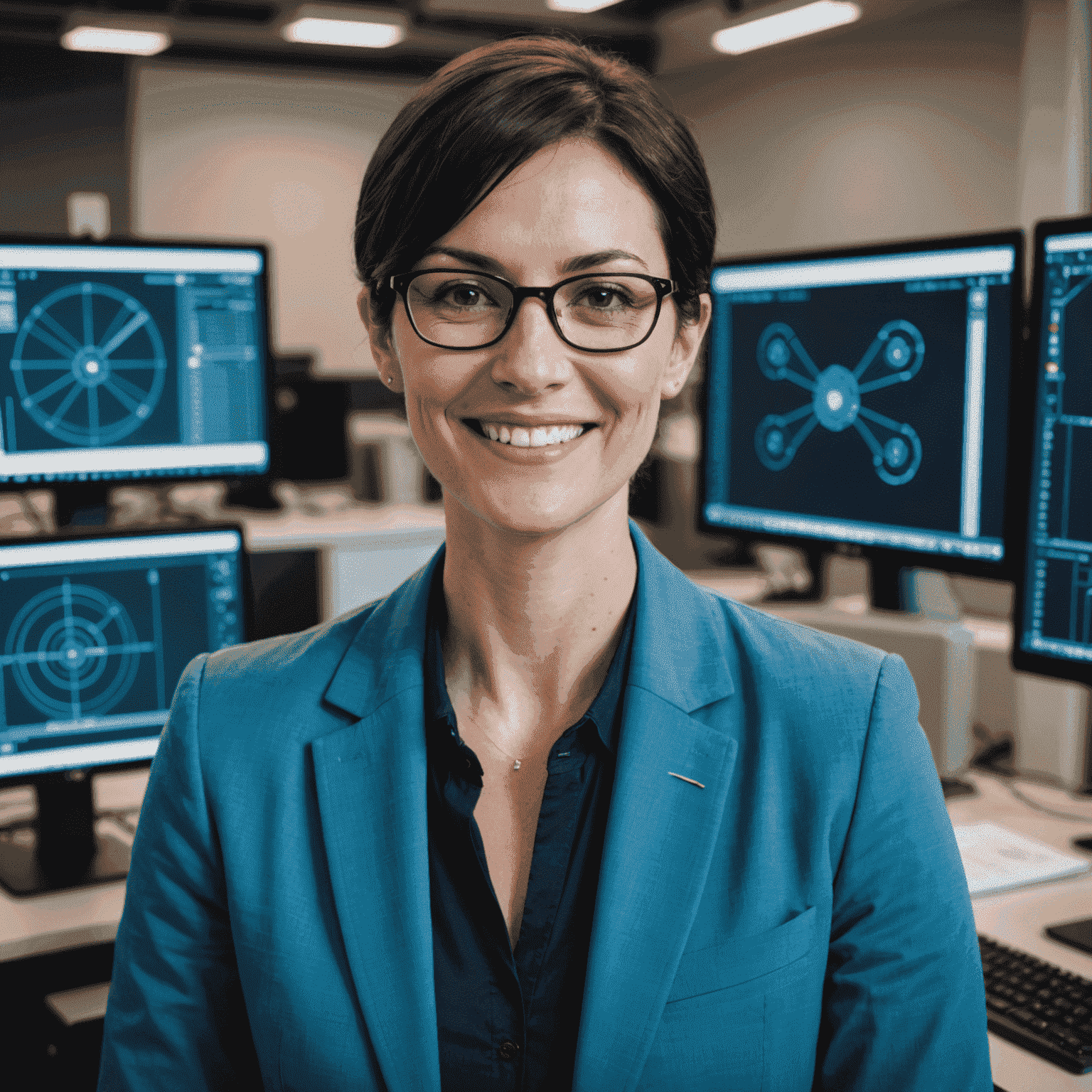 A professional-looking woman with short dark hair and glasses, smiling at the camera. She is wearing a blue blazer and standing in front of a computer with AutoCAD software visible on the screen.