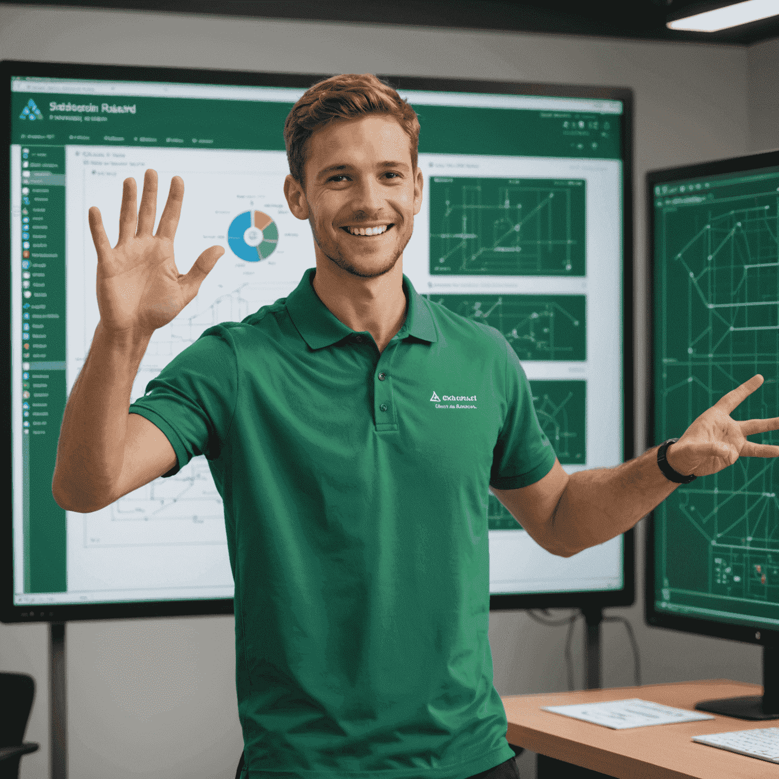 A young man with a friendly smile, wearing a green polo shirt. He is gesturing towards a large touchscreen display showing a complex AutoCAD design.