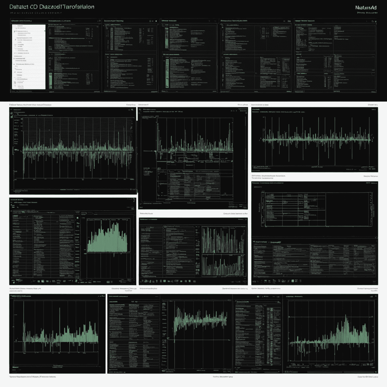 A series of AutoCAD screens showing data cleaning and transformation processes, with before and after visualizations of datasets.