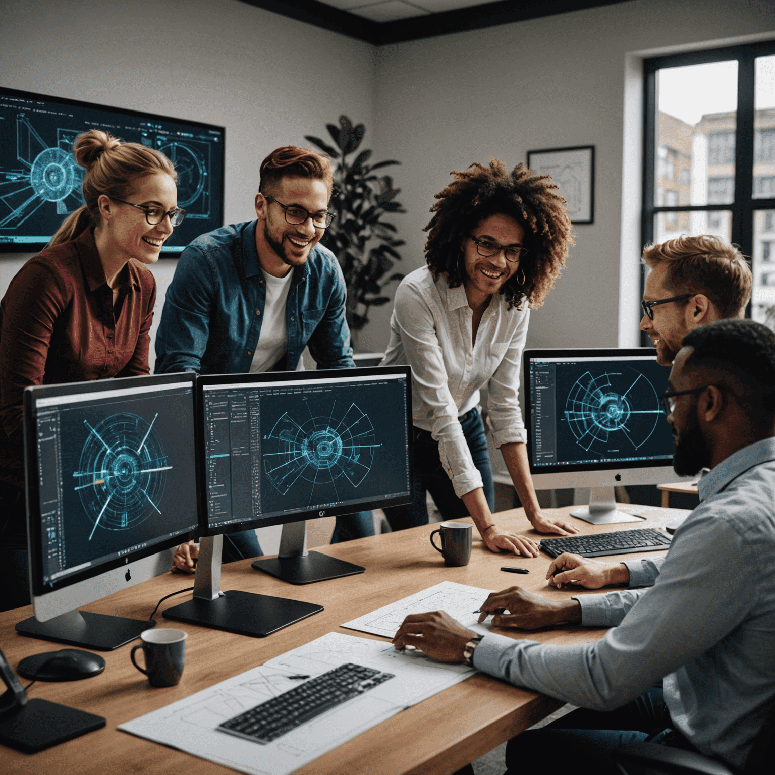 A diverse group of three people collaborating around a desk with multiple monitors displaying AutoCAD projects. They appear engaged and excited about their work.